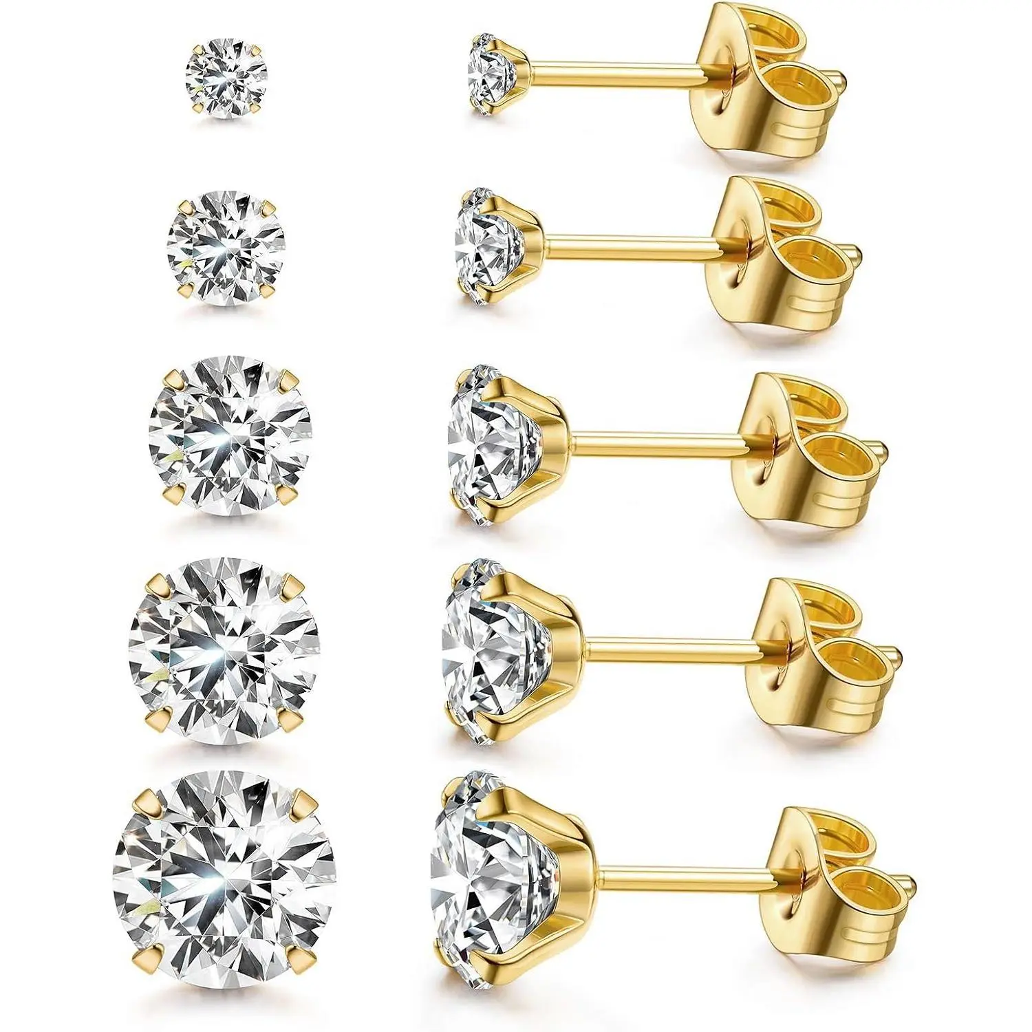 5 Pairs CZ Stud Earrings Set for Women Men, 316L Stainless Steel |  Earrings for  Ears, 14K  Plated  Tone , Cubic Zirconia  Flatback Studs 3-7mm