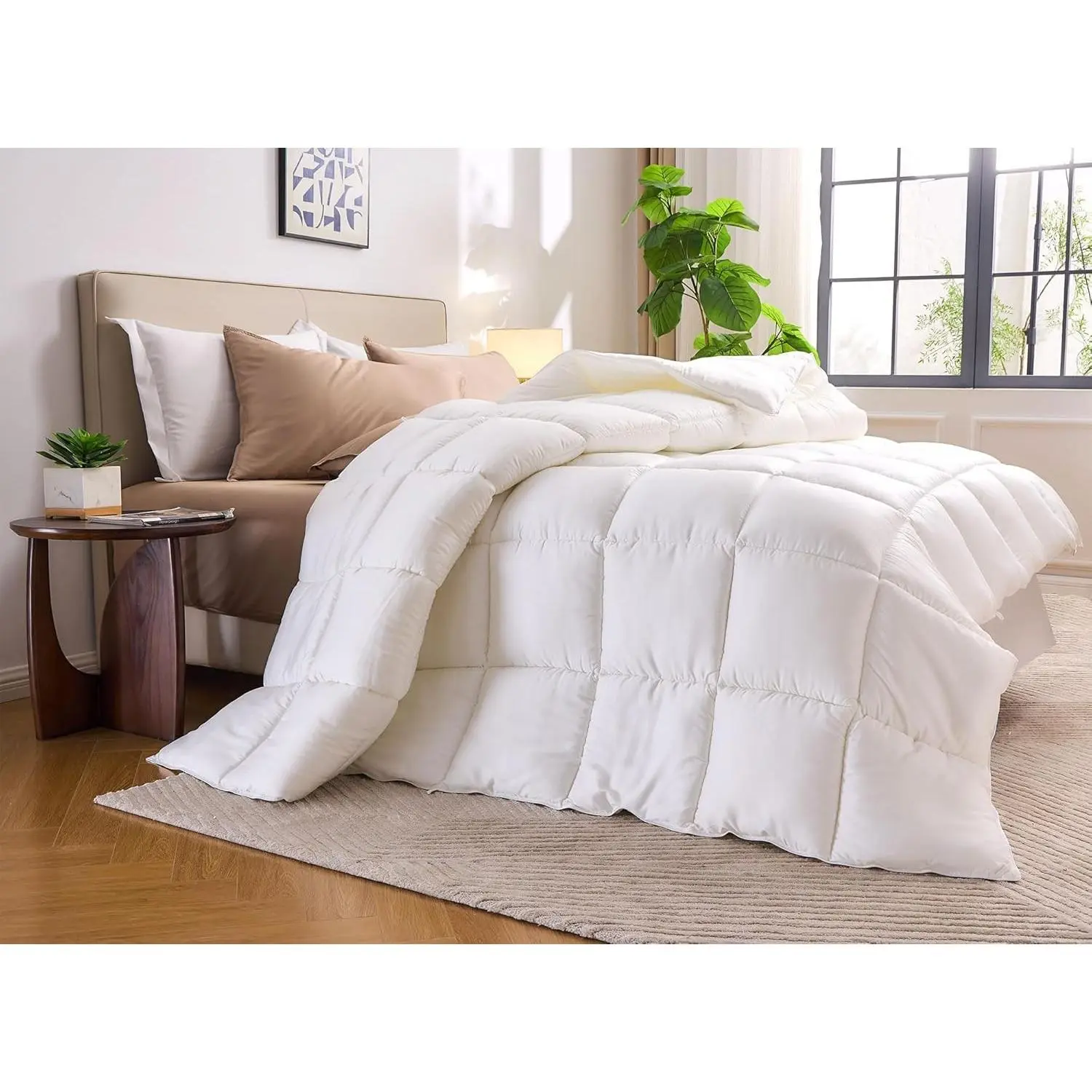 Queen Size Bamboo Fiber Duvet Insert (90x92 in) - Lightweight, Ultra Soft Quilted Insert with 8 Corner and Side Attachment Loops, Double Stitched, Satin Piping