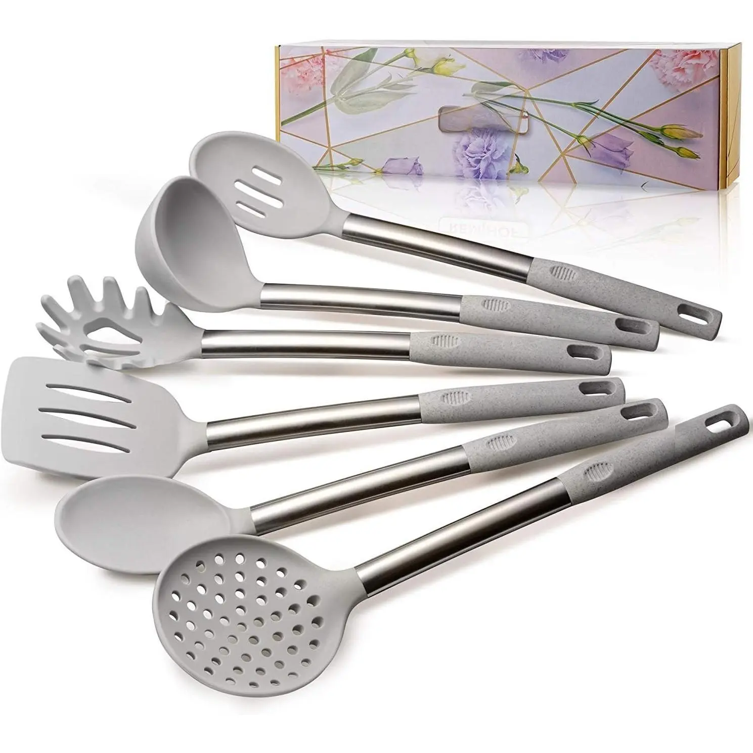 Kitchen Utensil Set - Nonstick  and Stainless Steel Cooking Utensils - Spatula Turner Ladle Pasta Server -  Culinary  Set (6pcs, Grey)