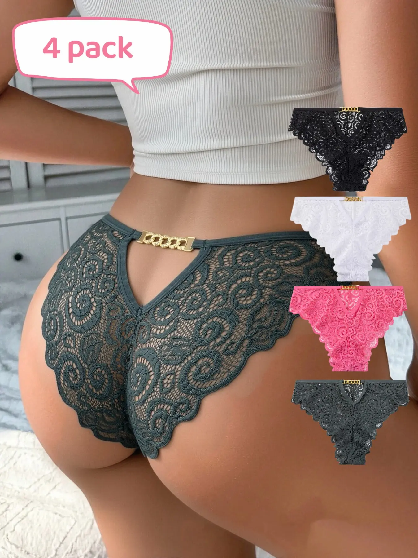 Women's Lingerie Lace Triangle Panties, Metal Chain Decor, Soft Comfortable Lightweight Breathable Everyday Summer Underwear, 4 Pcs Set