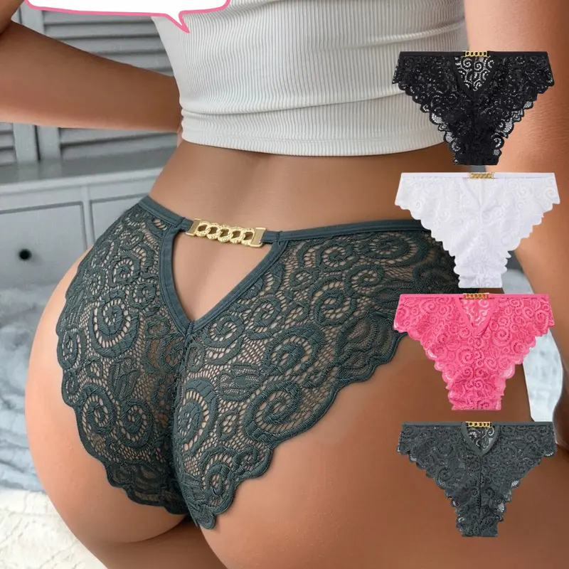 Women's Lingerie Lace Triangle Panties, 4 Pcs Set, Metal Chain Decor, Soft, Comfortable, Lightweight, Breathable Underwear for Everyday Summer, Low Waist Panties