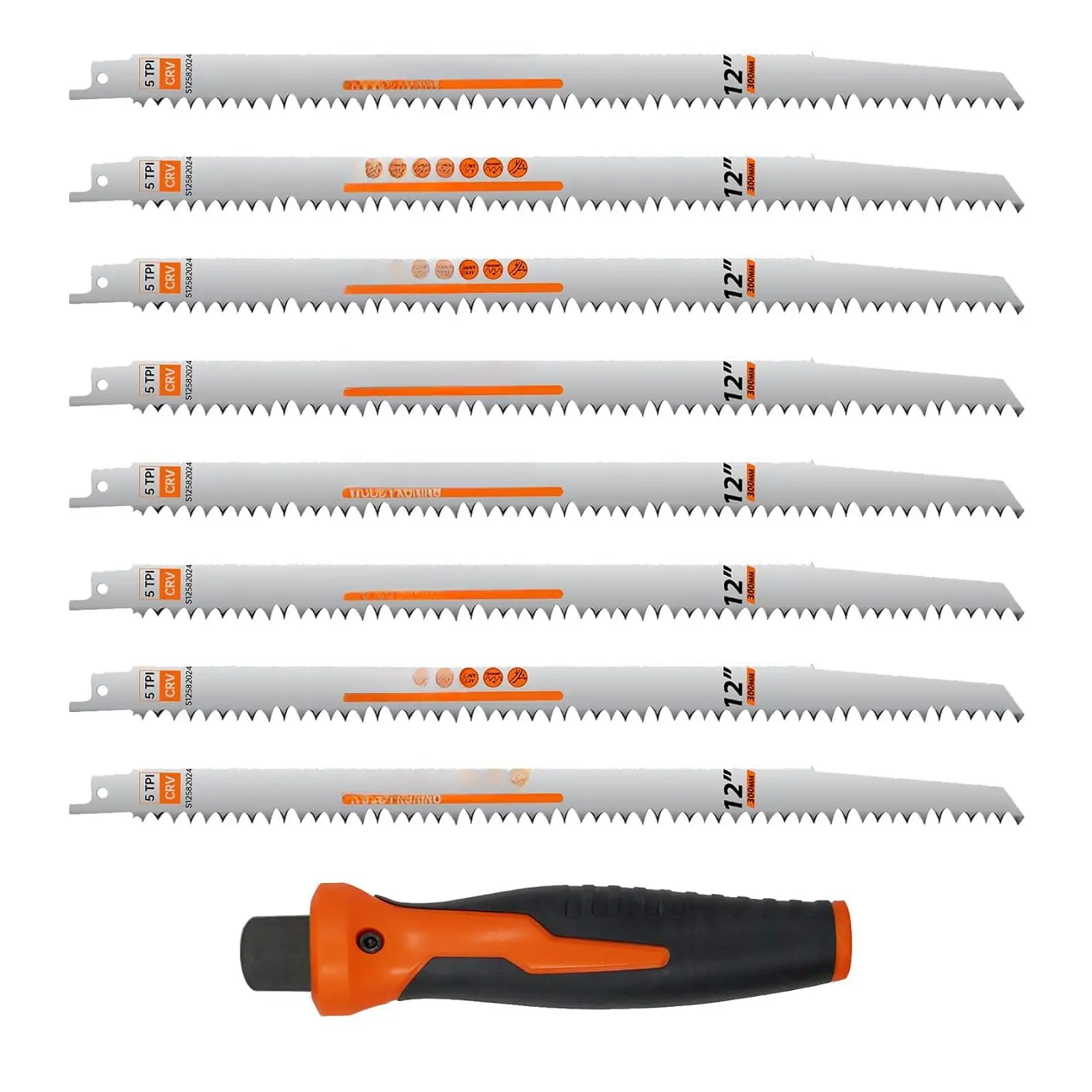 8 Pack 12 Inch 5 Tpi  Pruning Reciprocating   for Tree Trimming and Wet  , Cr-V Sawzall  with Fleam-Ground  for  Life and   Speed, 1 x Handle