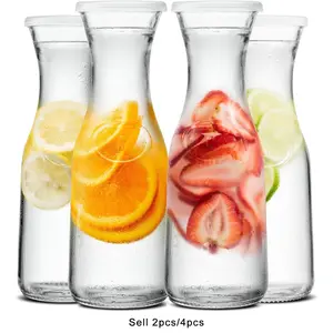 Set of 2/4 Glass Carafe with Lid, 1 Liter Beverage Carafe, Clear Glass Pitcher for Mimosa Bar, Brunch, Cold Water, Juice, Milk, Iced Tea, Lemonade