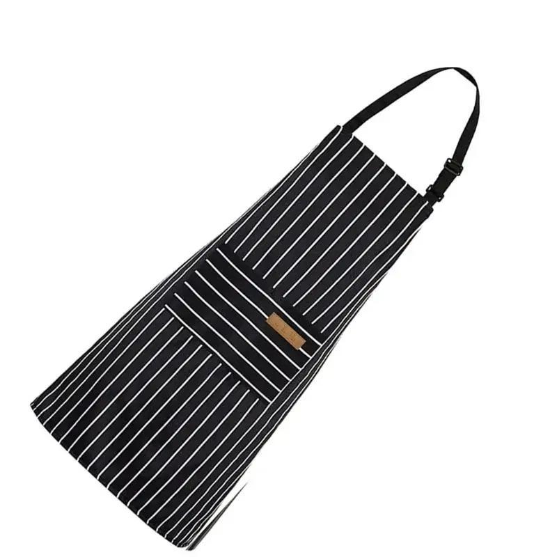 White Black Striped Man Woman Home Restaurant Kitchen Baking Nail Bib Oil Repellent Work Apron Adjustable