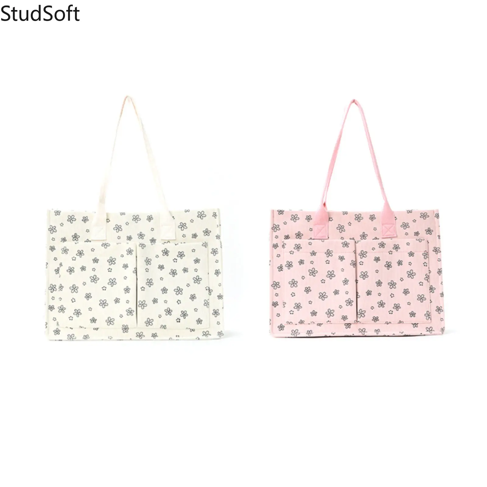 Trendy Canvas Floral Tote Bag Women Cute Daisy Print Shoulder Purse Vintage Multi Pocket Satchel Handbags High Capacity for Travel Daily Commute