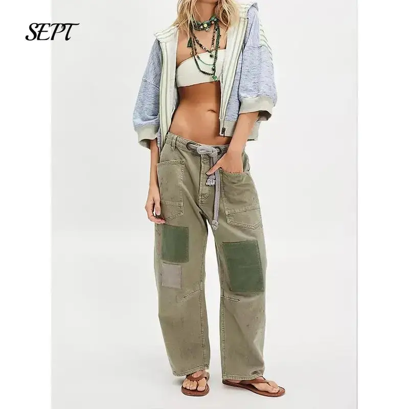 Baggy Barrel Jeans Women Drawstring Low Rise Wide Leg Boyfriend Patchwork Jeans Casual Cropped Denim Pants For Fall Winter Womenswear(Sheets)