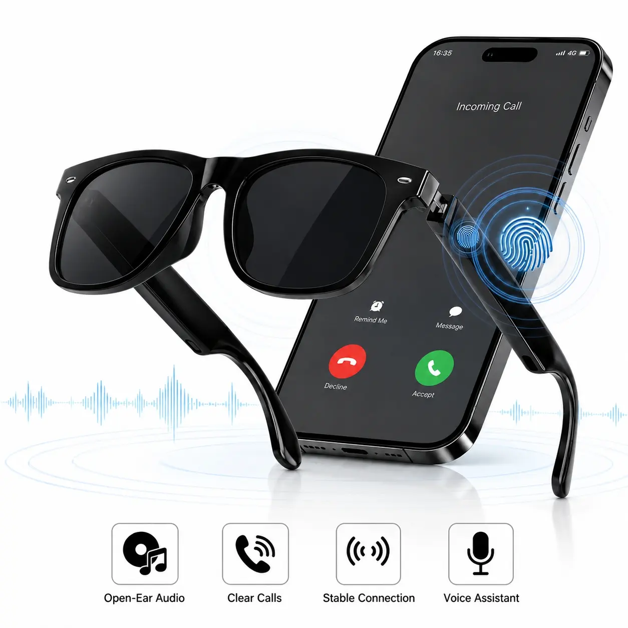 Bluetooth Audio Glasses, Multifunctional Audio Sunglasses, Smart Open-Ear Sunglasses with Built in Speakers, Hands-Free Calling, Wireless Music, Touch Control and UV Protection