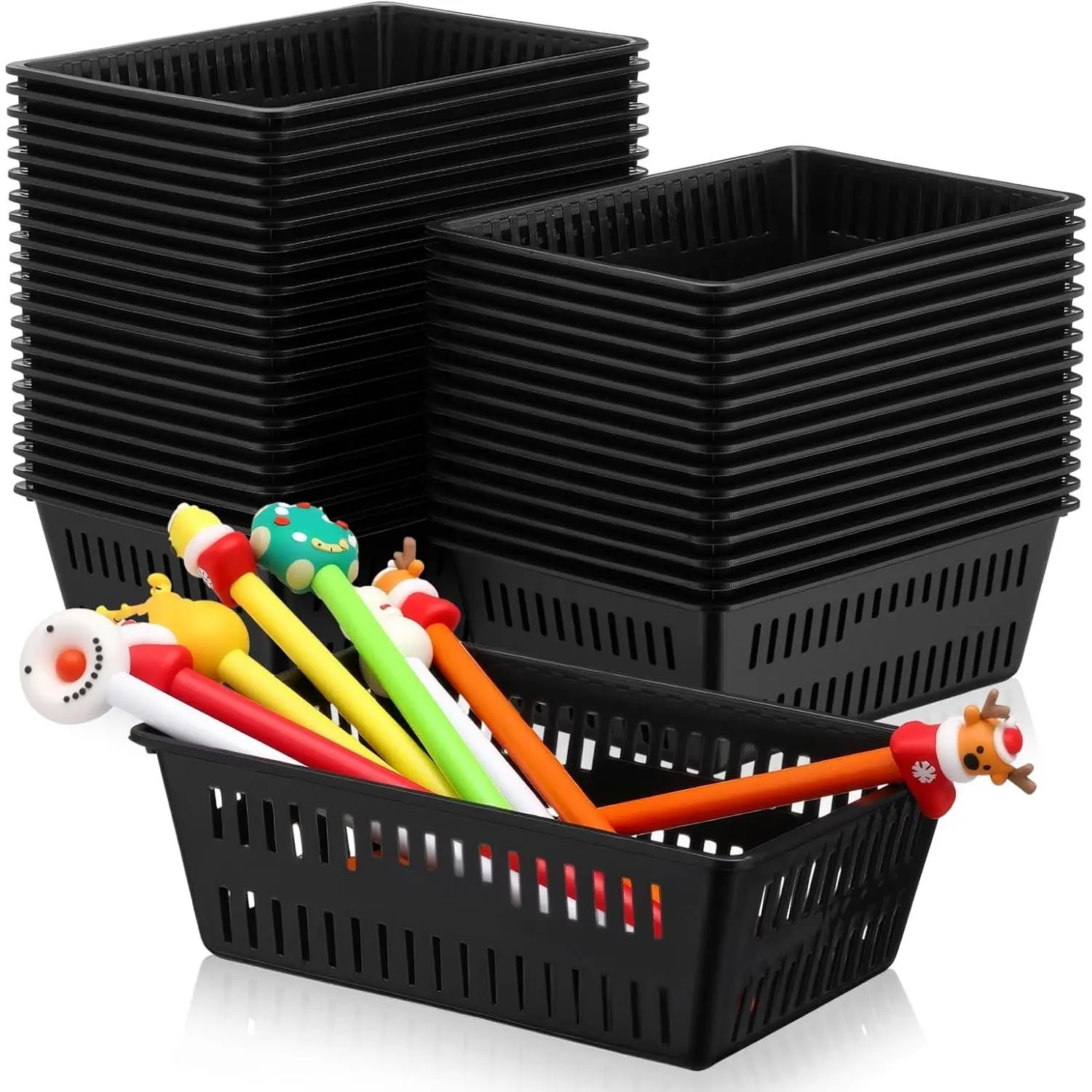 Sherr 36-Pack Rectangular Small Hollow Plastic Bin Storage Baskets - Stacked Pack Classroom Organisers, Kitchen/Laundry Tool Holders, Shelf Tray for Back to School Supplies (6.1" L x 4.3" W x 2.4" H, Black)