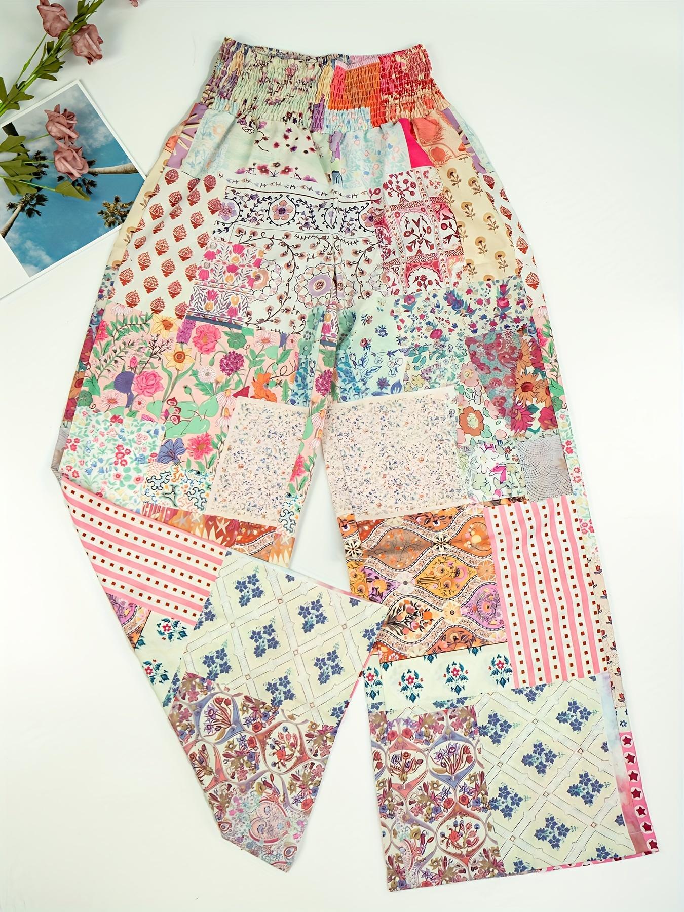 Women's Patchwork Print Elastic Waist Wide Leg Pants, Boho Bohemian Casual Trousers for Beach Vacation Holiday, Ladies Bottoms for All Seasons