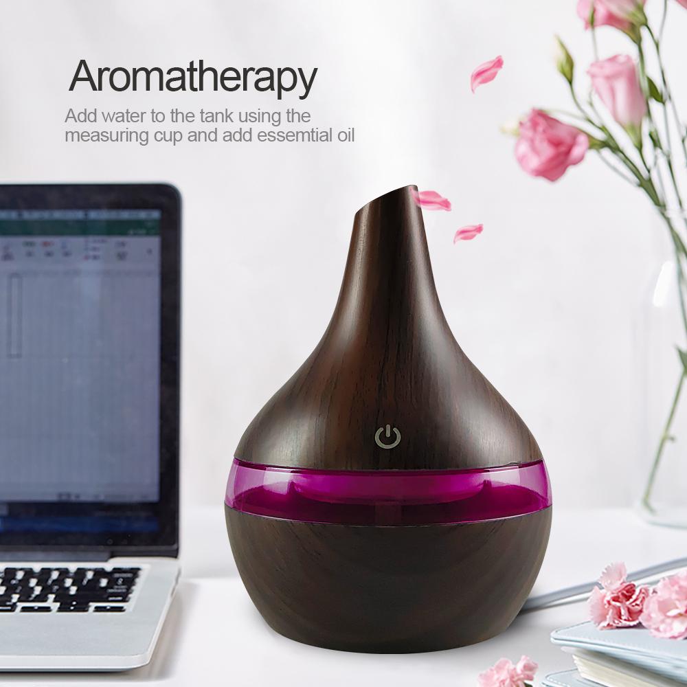 300ml USB Humidifier & Essential Oil Diffuser, Wood Grain Design  Cool Mist for Home, Office, Desktop  Includes 2 Aroma Oils