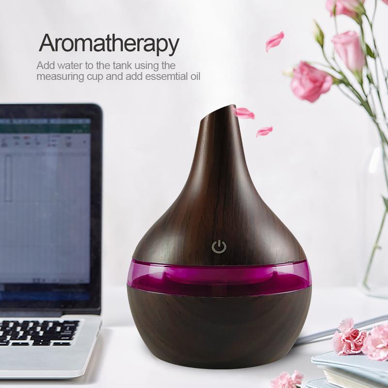 300ml USB Humidifier & Essential Oil Diffuser, Wood Grain Design  Cool Mist for Home, Office, Desktop  Includes 2 Aroma Oils