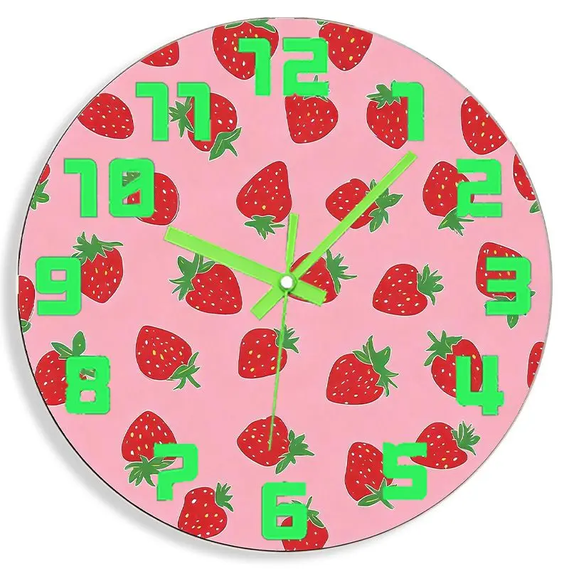 Strawberry Pattern Themed Luminous Wall Clock, Bedroom Acrylic Luminous Wall Clock, Silent Luminous Wall Clock, Luminous Living Room/Kitchen Digital and Hands, Black, Luminous Clock, Mirror Surface, A Perfect Holiday Gift for Movie Lovers,