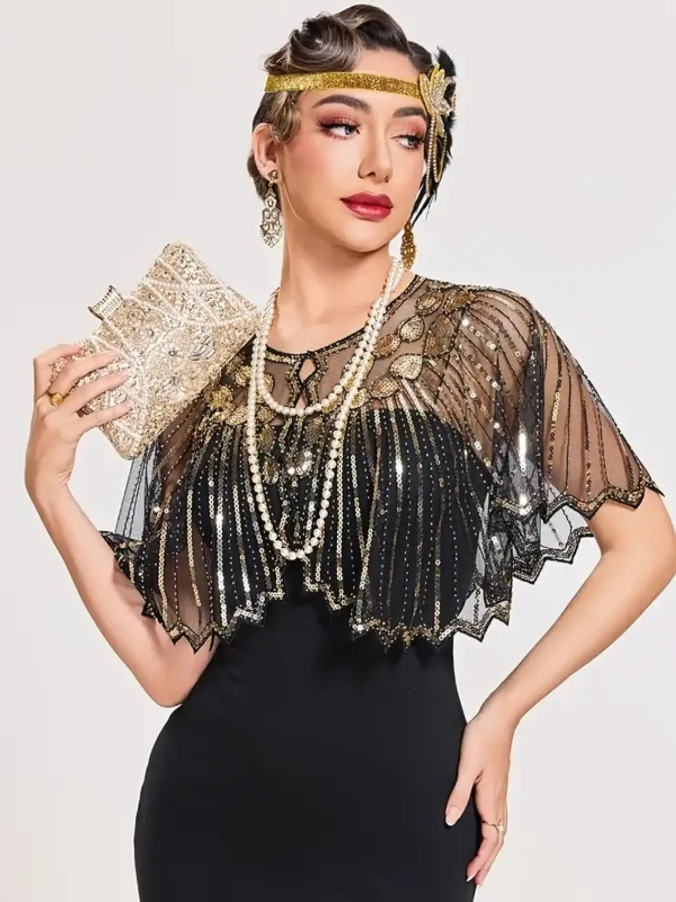Women's Party Dress Cape with Sequins, Mesh Material, Fashionable Non-Elastic, Decorative Handmade Beads, Perfect for Festive Occasions