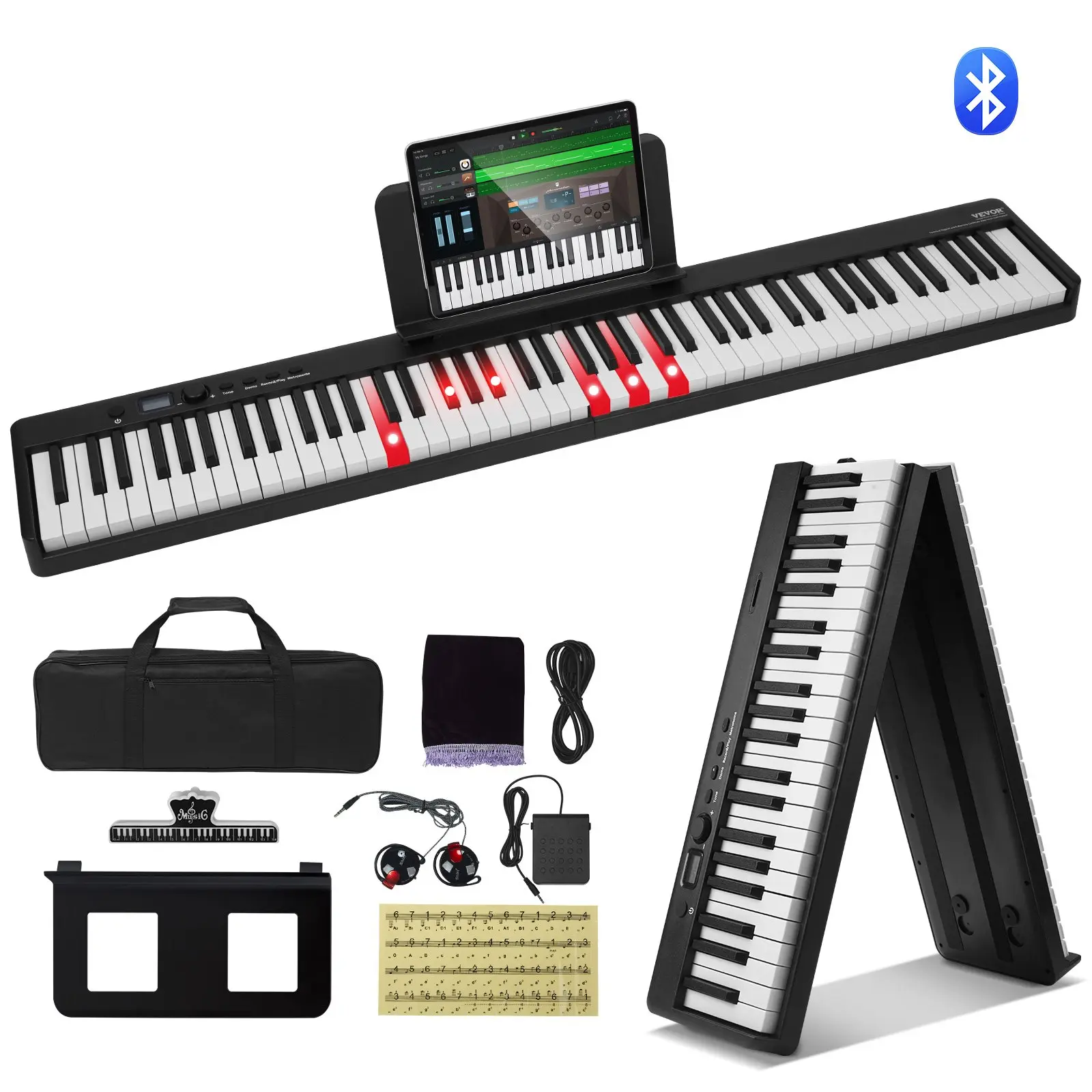 VEVOR 88-Key Portable Folding Keyboard Piano, Bluetooth MIDI, Touch-Sensitive Keys, Rechargeable with Sustain Pedal, Bag, Headphones, for Beginners Adults, Black, Foldable