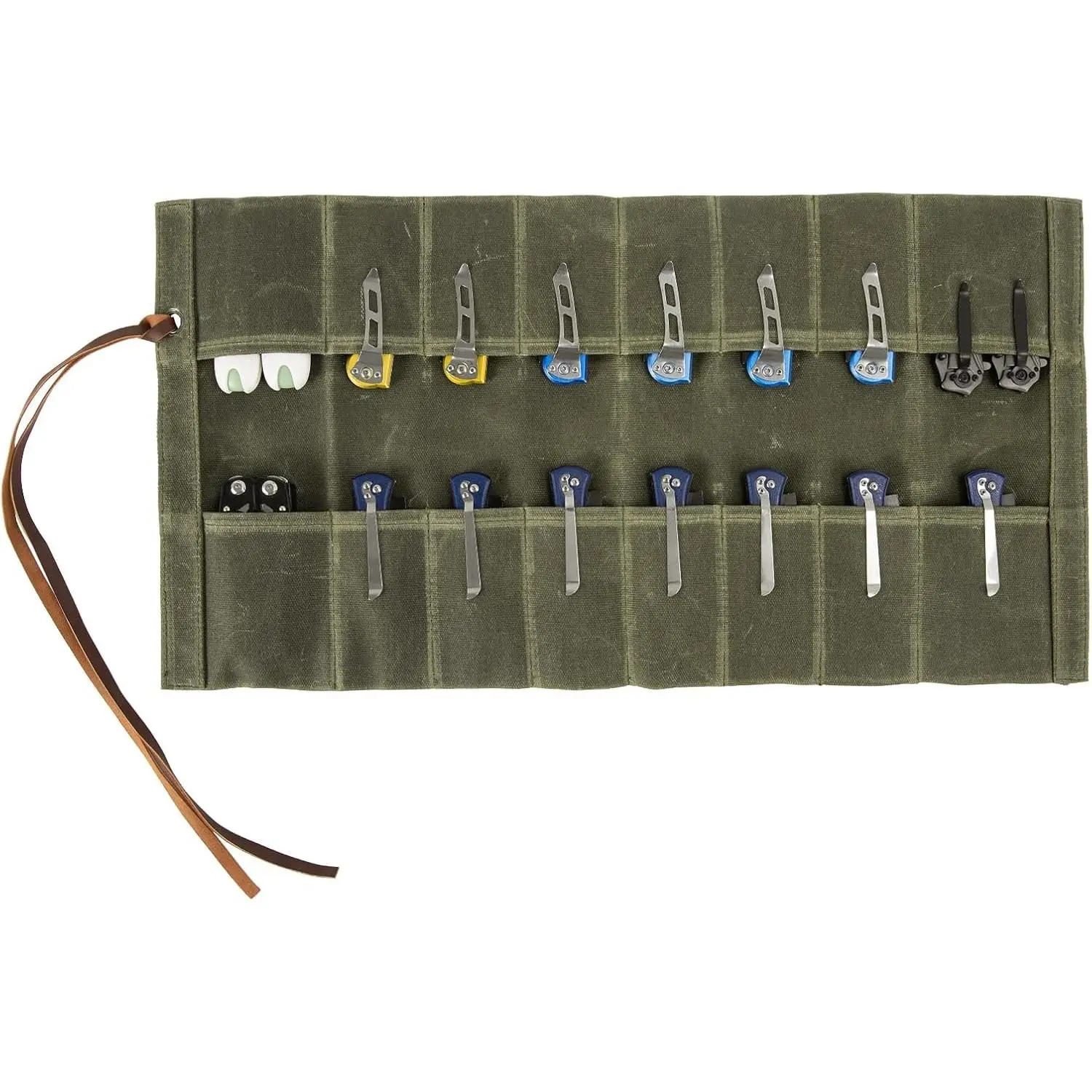 Pocket knife storage, Knife Display Bag, with 16 Slots Pocket Knives Folding Knife Holder Organizer, pocket knife roll Collection Protector Bag, Tactical Outdoor for EDC Mini Knife Bags (Army Green)