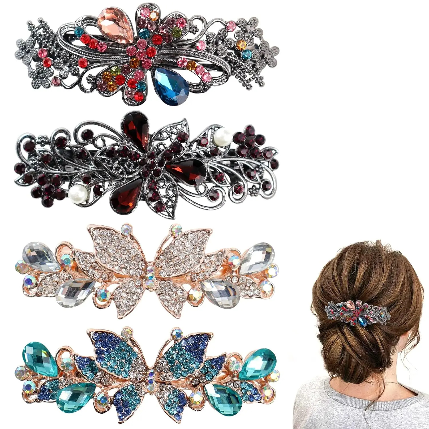 Women's 4-Pcs Glamorous Rhinestone Hair Barrettes - Floral, Pearl, Crystal Butterfly Clips with Metal Alloy Press Button Spring for Ponytail Braid Accessories