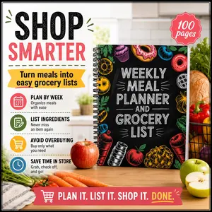 1PC Weekly Meal Planner & Grocery List Notebook | 100 Pages Spiral Bound Kitchen Organizer | Meal Prep, Shopping List, Budget Planning & Healthy Eating Journal for Busy Moms, Students & Home Cooks