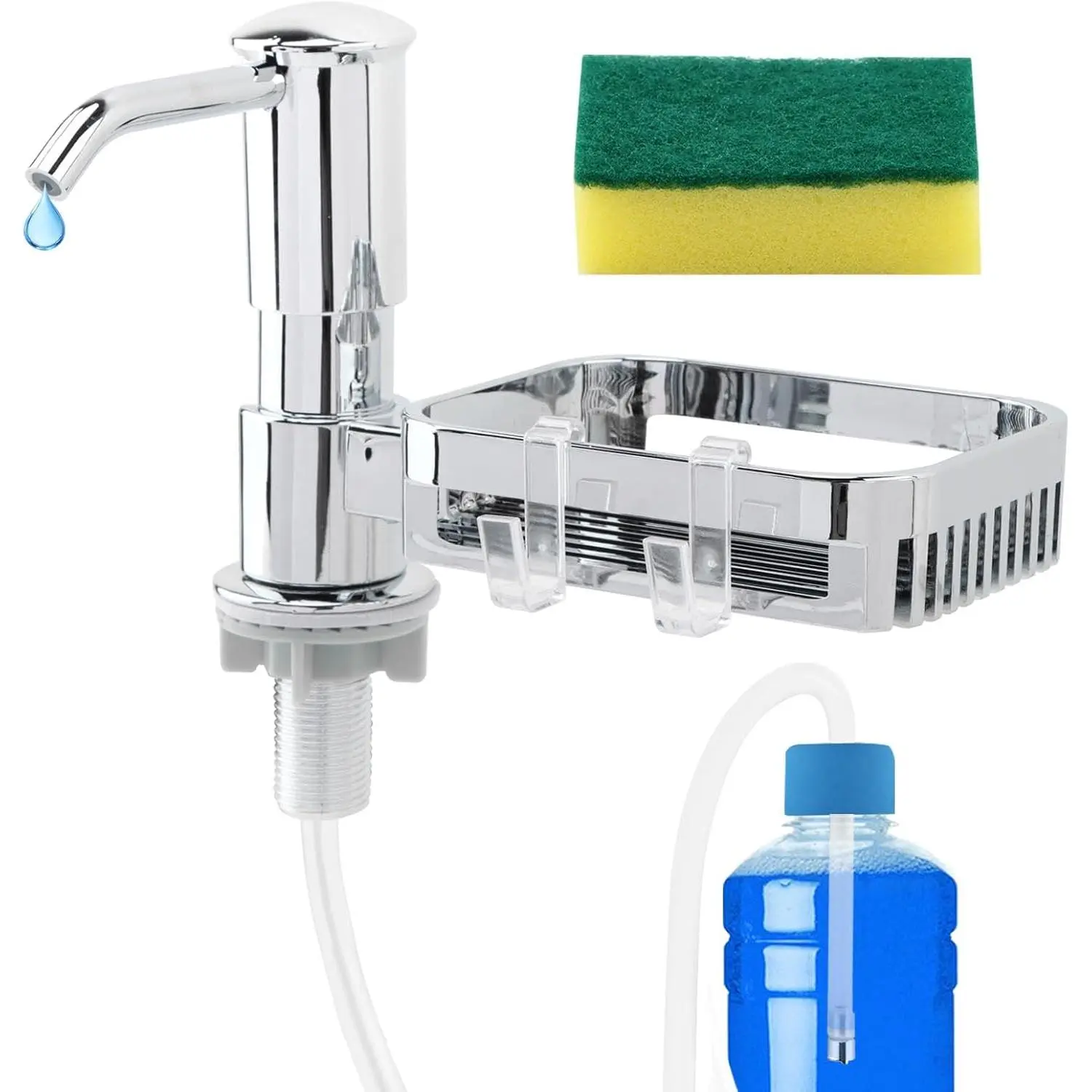 Kitchen Sink Soap Dispenser,  in Soap Dispenser Pump with Sponge Holder, Under Counter Black ABS Pump  with 39" Extension Tube kit(Color:)