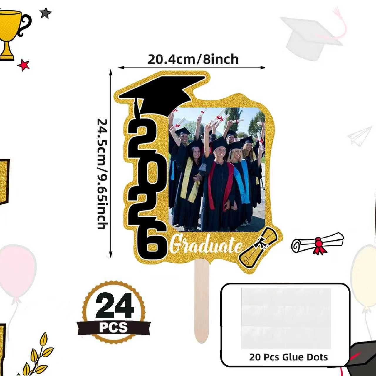 24 Pack Class of 2026 Graduation Fans with Handle Double Sided Grad Photo Props for Keepsake Gifts Graduation Party Supplies