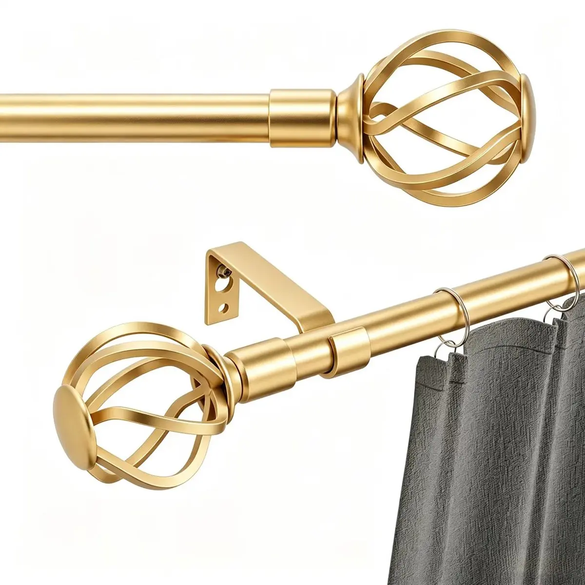 Gold Curtain Rods for Windows 28 to 158 with Cage Finials, Heavy Duty Curtain Rod Set with Splicing Adjustable, Decorative Curtain Rods for Outdoor Patio, Sliding Glass Door, 5/8" Diameter