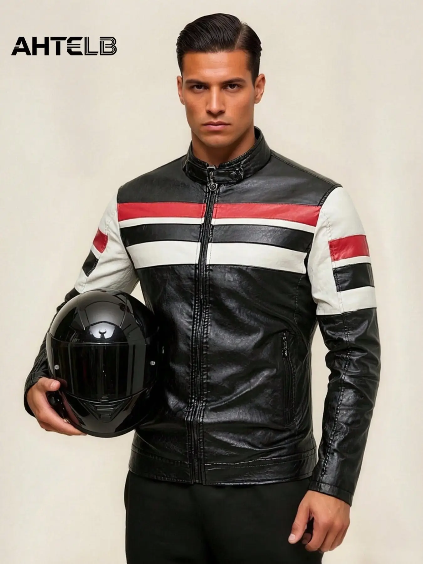 Ahtelb Men's Leather Jacket, Vintage Riding Coat, Stand Collar Colorblock Design, Anti-Theft Zipper, Perfect for Outdoor Events