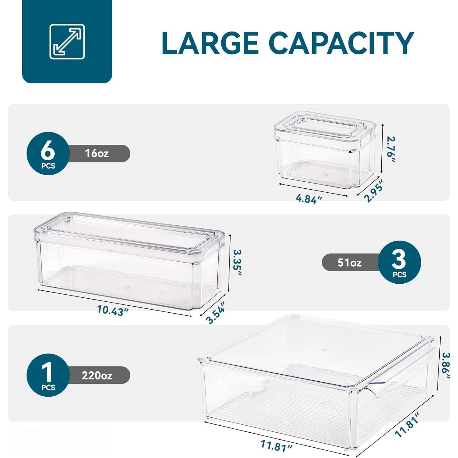 10 Pack Clear Fridge Organizer, Stackable Refrigerator Organizer Bins with Lids, Fridge Storage Containers for Kitchen, , Cabinets, Fruits, Vegetables, Cereals