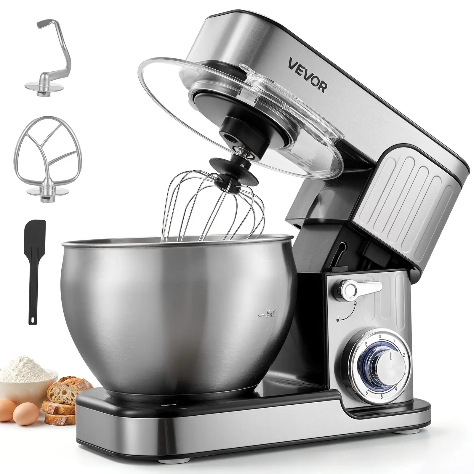 VEVOR 7.4 Qt Tilt Head Stand Mixer 500W Electric Dough Mixer, 6 Speeds with Pulse Food Kitchen Mixer with Stainless Steel Bowl, Splash Guard, Dough Hook, Whisk, Beater, for Baking Mixing
