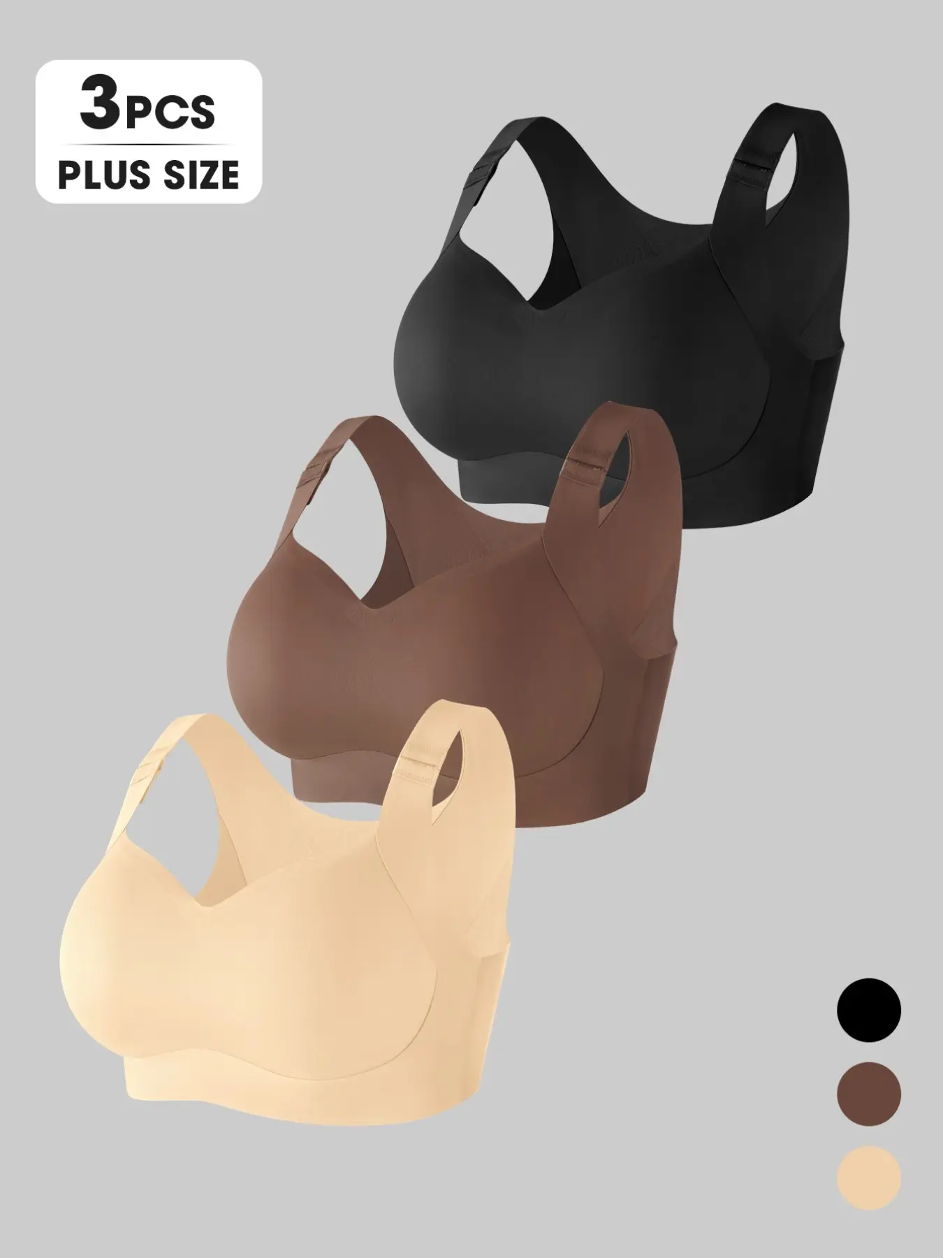 Three-Piece Plus Size Seamless Lingerie Set, Plain Push-Up Bra, Backless Design, Adjustable Straps, Comfortable for Daily Wear, Curvy