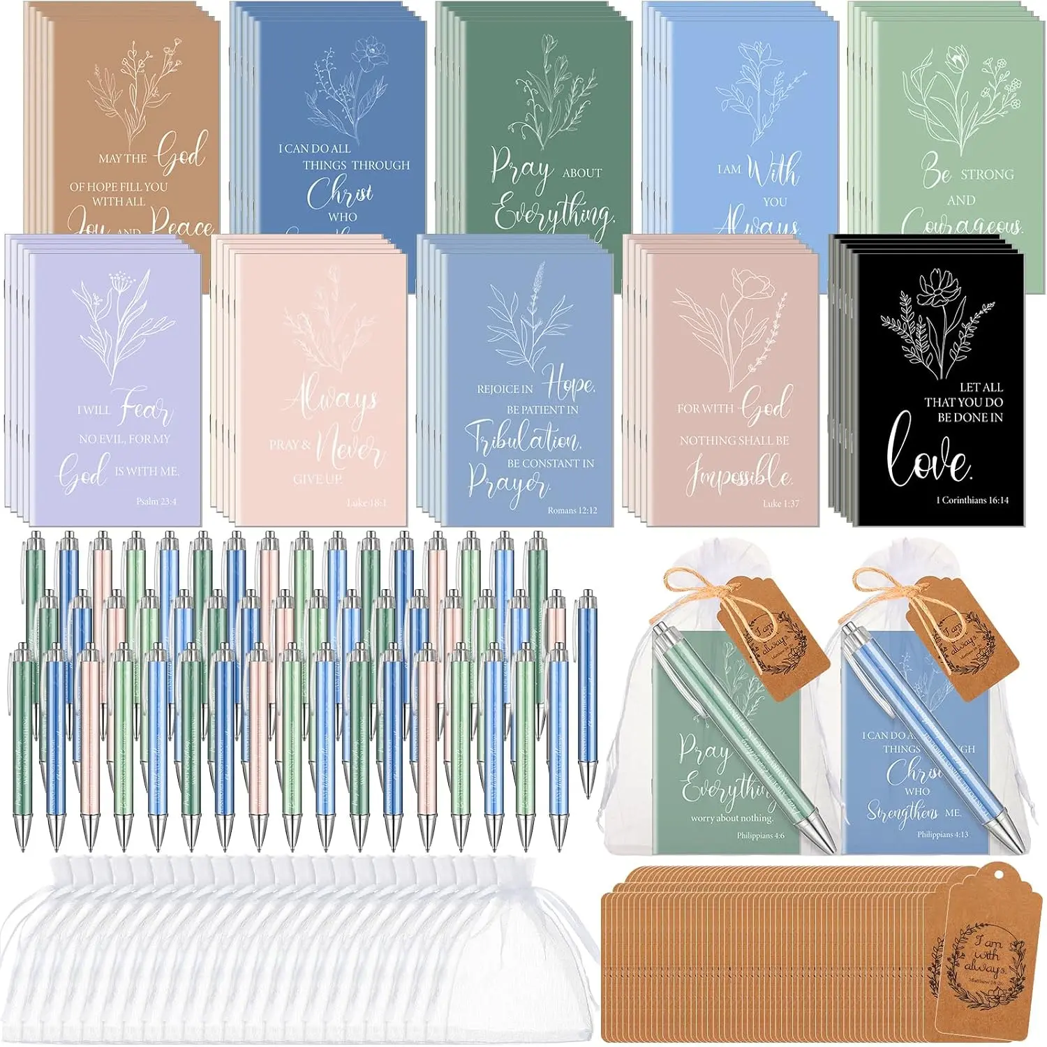 200-Count Bulk Christian Gift Sets - Synthetic Scripture Print Verse Pen & Notebook with Thanks Tags, Organza Bag - Religious Theme Church Event Favors (Morandi Color)