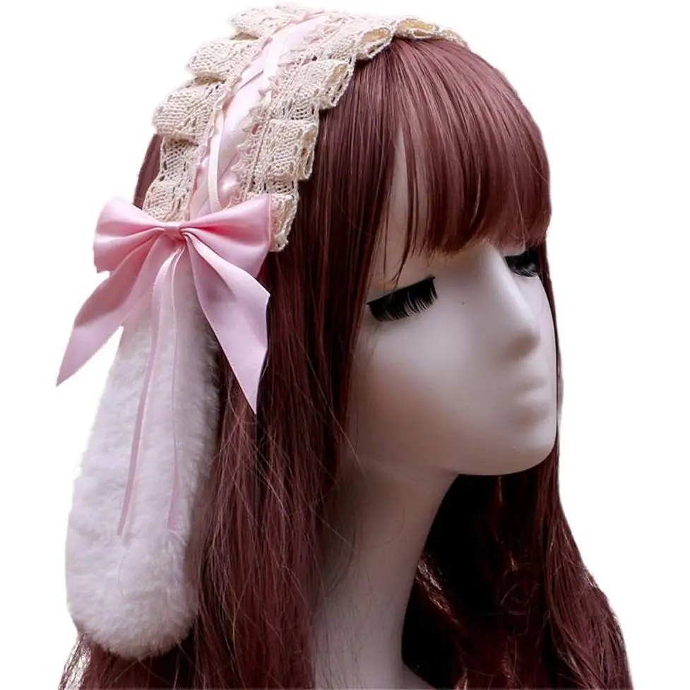 Furry Bunny  Ears Clips Bowknot Lolita Maid Lace Headband Accessory