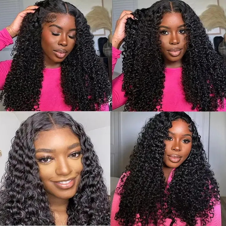 Jet Black Deep Wave Kinky Curly Lace Front Wig for Women, Middle Part Fluffy Long Tight Curl Synthetic Wig, Natural Hairline Edges Curly Wig for Daily & Party Styling