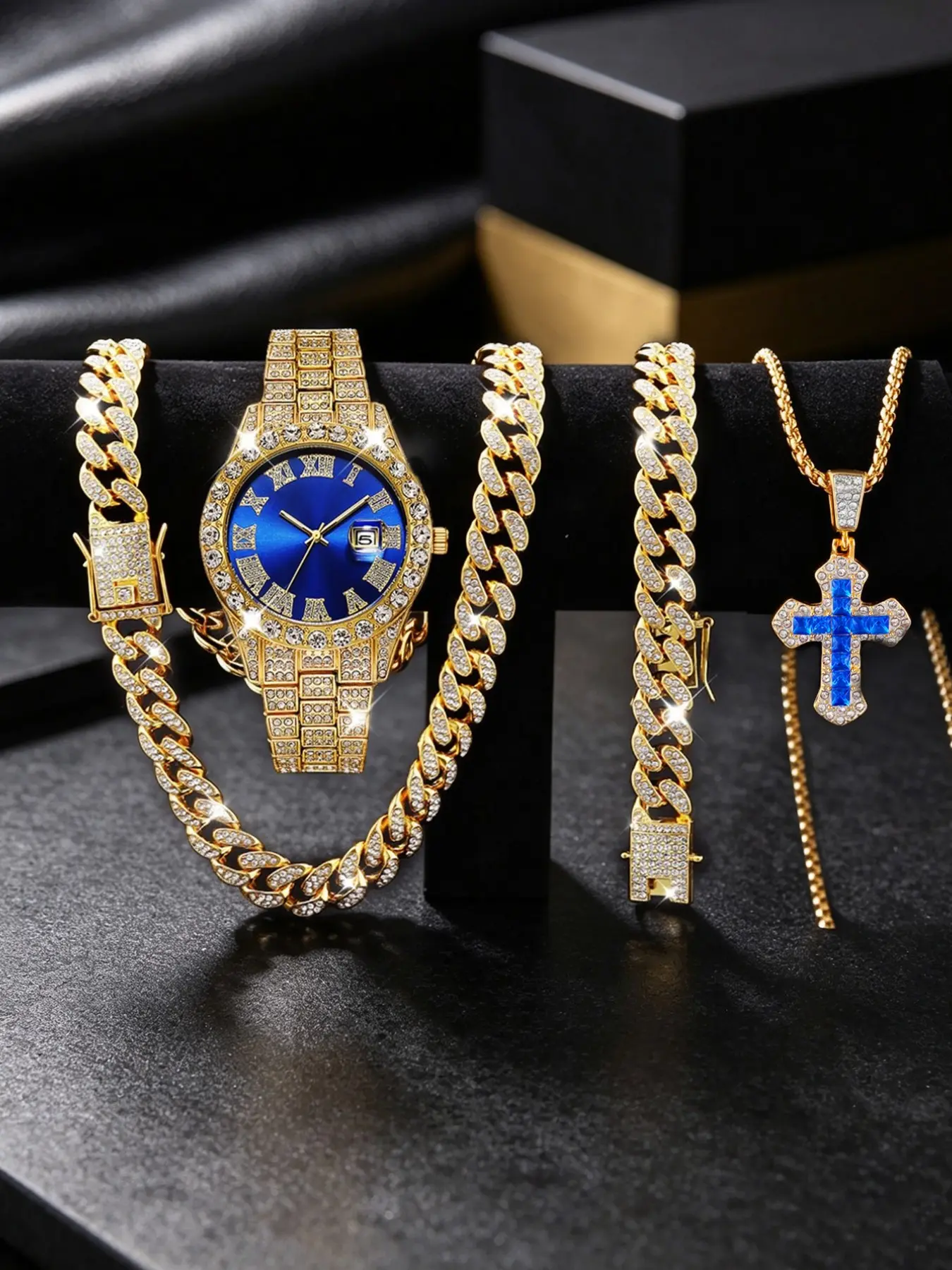 Men's Luxury Fashion Round Dial Quartz Watch Set, Hip Hop Cuban Bracelet, Necklace, Cross Pendant, Street Style, Perfect Holiday Gift