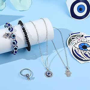 YADOCA 12/15Pcs Evil Eye Necklace, Bracelet, Earring, Ring, Keychain  Hamsa Hand Pendant - Turkish Protection Jewelry Set with 50Pcs Evil Eye Stickers