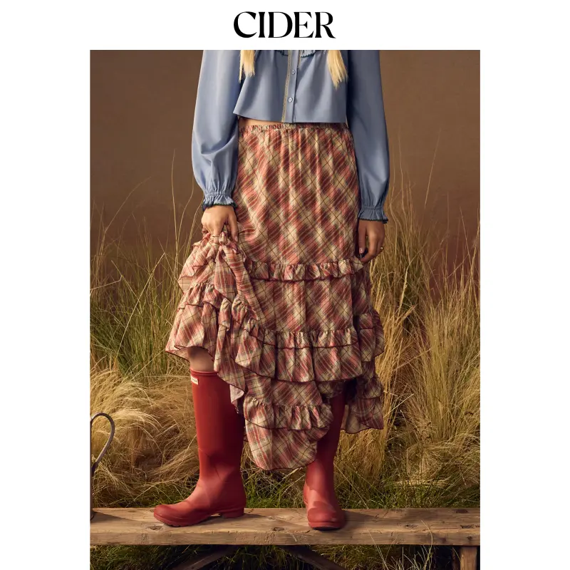 Cider High Rise Plaid Ruffled Flared Tiered Maxi Skirt