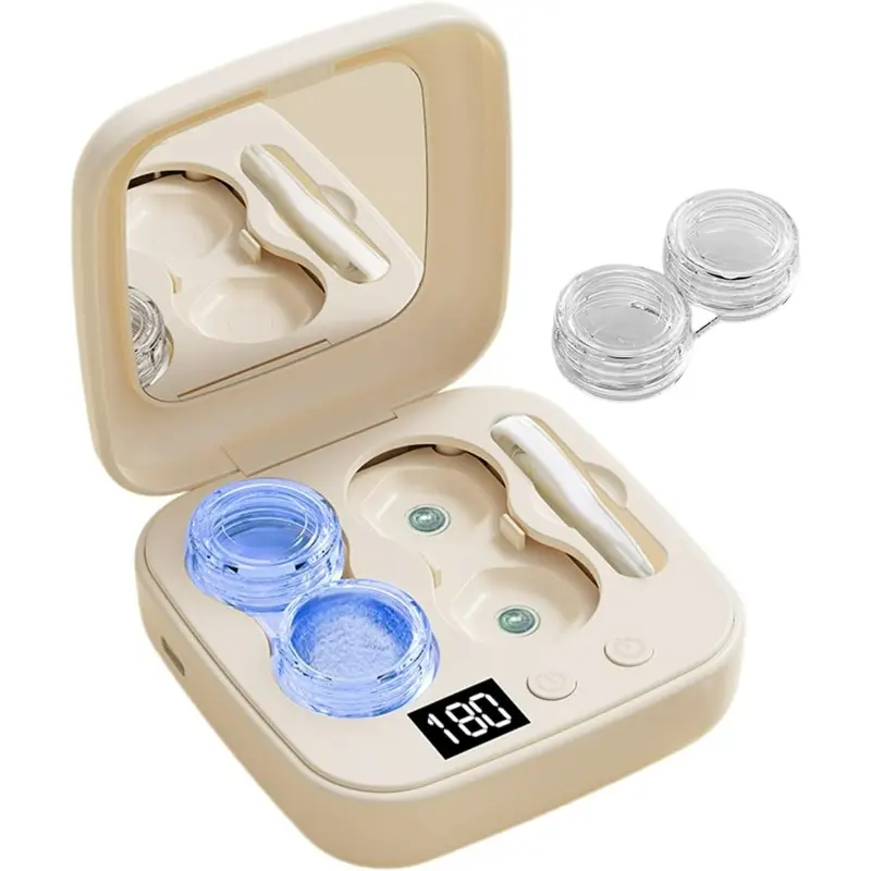 Ultrasonic Contact Lens Cleaner Rechargeable Eye Contact Cleaner with Vanity Mirror Compact Contact Lens Cleaner with Two Cleaning Modes Fits Hard, Soft, Multicolor Contact Lens Lens Storage