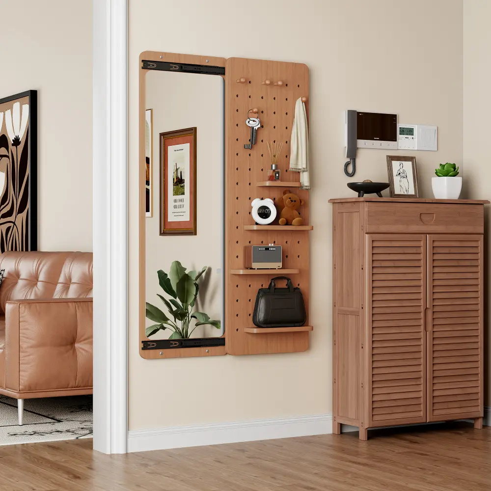 47.6" x 15.5" Sliding Wall Mounted Full Length Mirror, Space Saving Pull Out Makeup Mirror with Multifunctional Design Panel, Modern Cherry Wood Finish Standing Mirror for Bedroom, Living Room, Entryway, Dressing Room & Home Decor