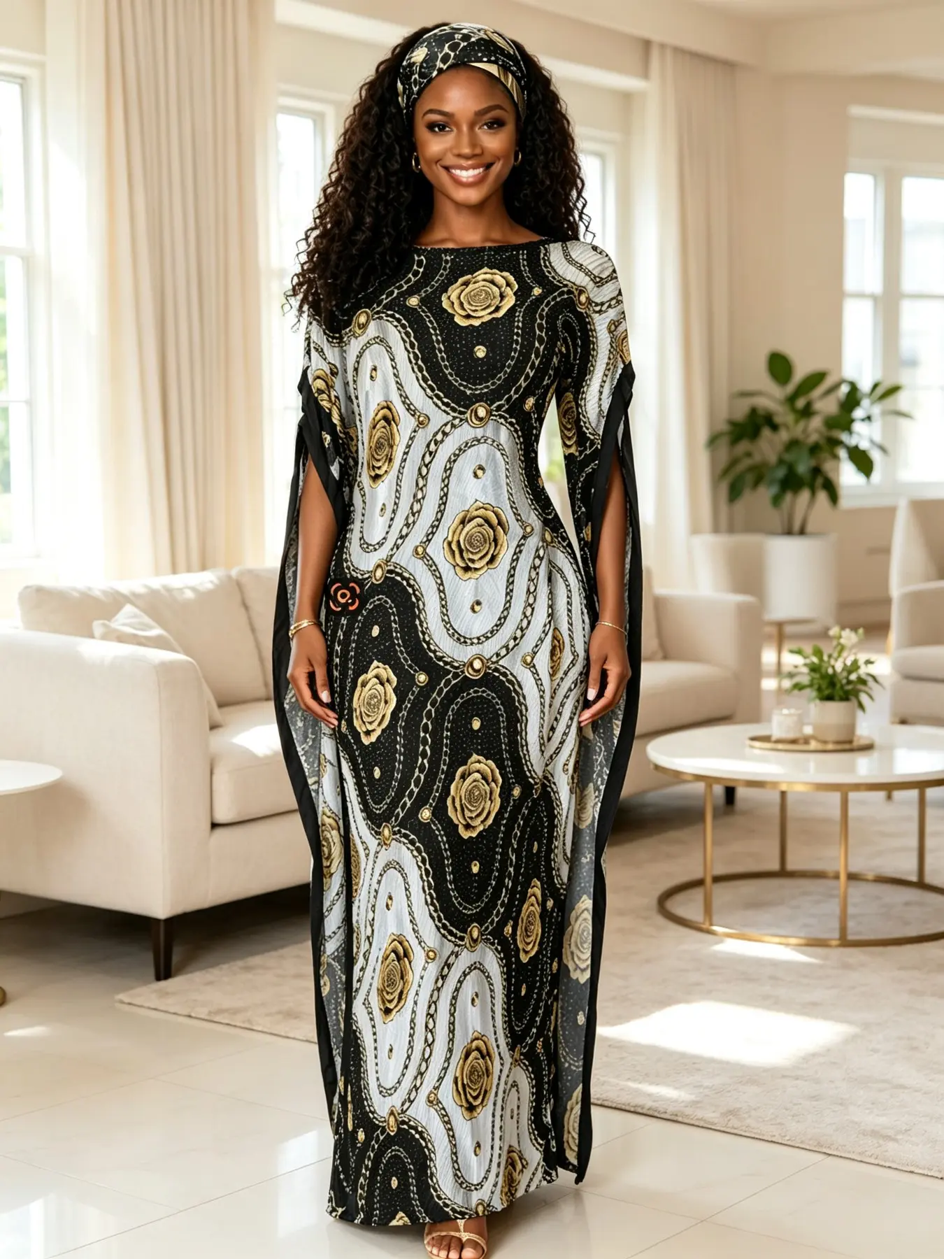 Plus Size Women 2 Piece Pleated Satin Caftan Robe Set, Black White Gold Rose Chain Print Hotfix Rhinestone Embellished Loose Batwing Sleeve Maxi Dress with Matching Head Scarf, Curvy Elegant Loungewear for Home Beach Vacation