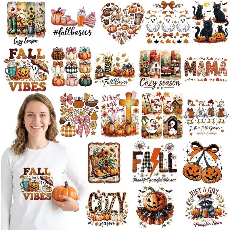 Fall Iron on Transfers - 20 Sheets Pumpkin Bow DTF Ready to Press Ghost Heat Patches Autumn Stickers Vinyl Decals for T Shirts Clothes Hoodies Pillow Bag Hat DIY Crafts Appliques Decorations