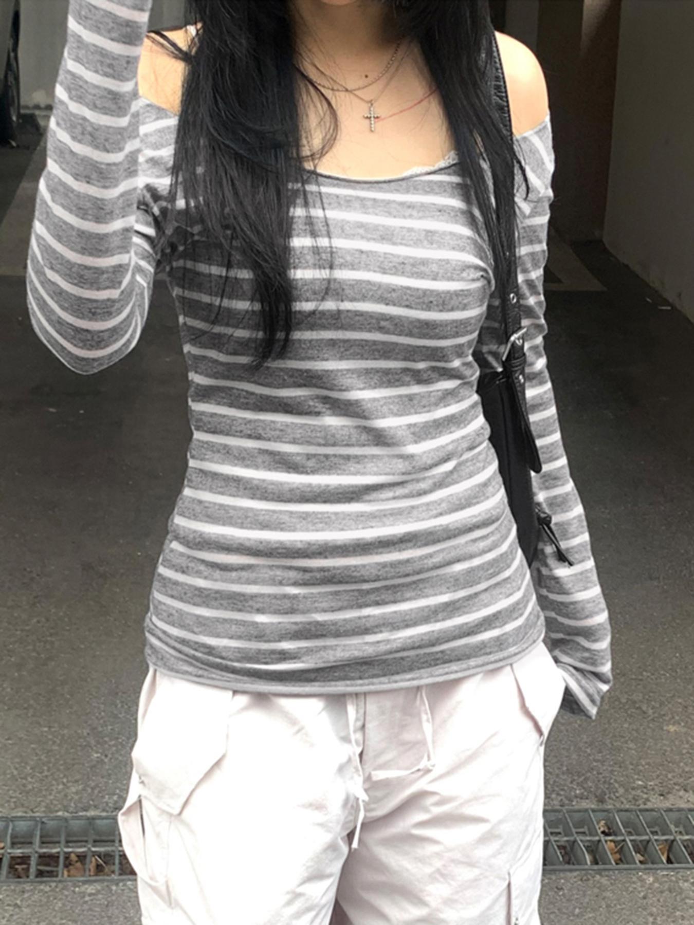 Women's Striped Print Off Shoulder Tee, Casual Chic Long Sleeve T-shirt Top for Daily Wear, Ladies Clothes for All Seasons