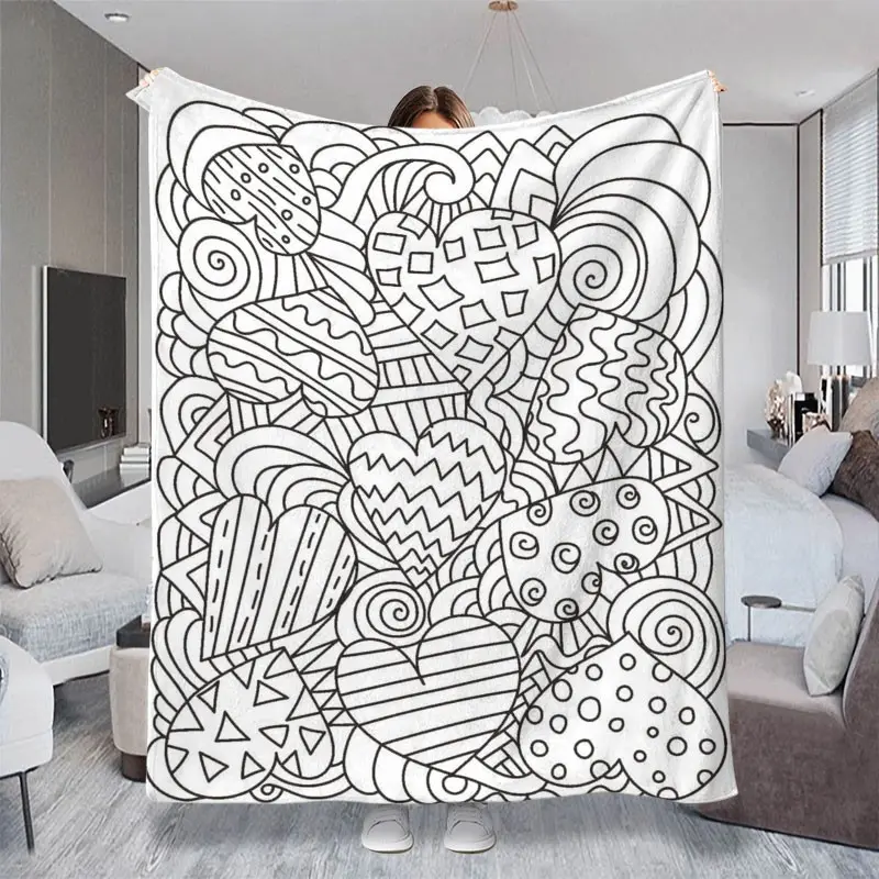 2D Flat Print Small Blanket, and Line Art with Heart Patterns, Multiple Colors and Sizes, Ideal for Office Naps and Home Use