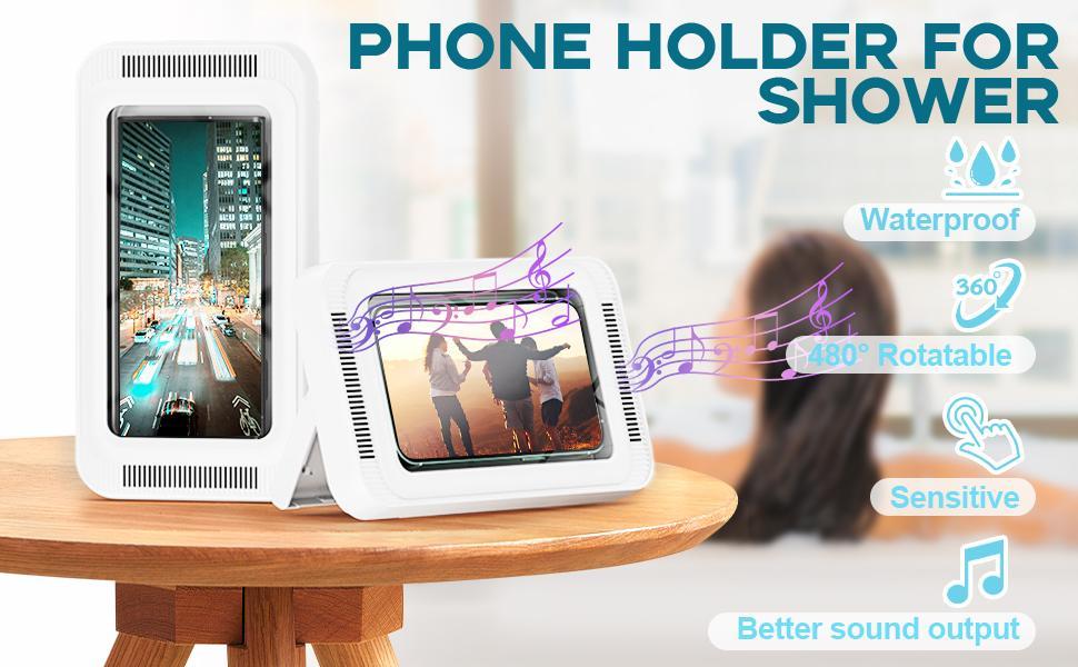 Shower Phone Holder with Speaker  480 Rotation, Wall Phone Mount for Shower Waterproof Anti Fog Shower Case