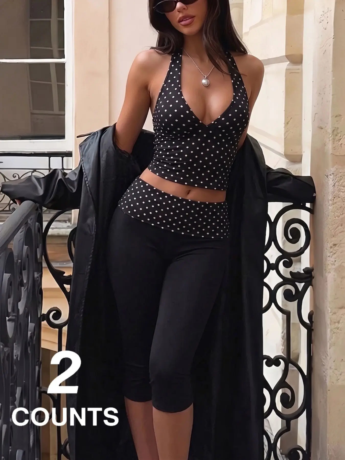 Women Minimal Retro 2 Piece Matching Set Polka Dot Halter Neck Sleeveless Crop Tank + Black Fold Over Waist Capri Leggings Casual Separable Co Ord