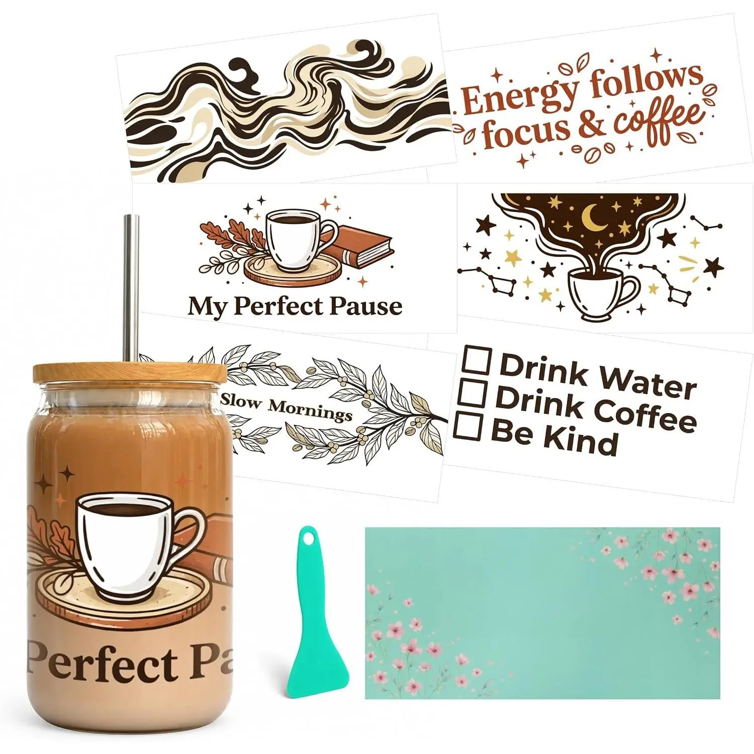 Coffee Lover UV DTF Cup Wraps 16 oz, 6 Designs  | Scraper and  envelope included, rub  transfers, uvdtf cup wrap, funny coffee stickers for glass cups