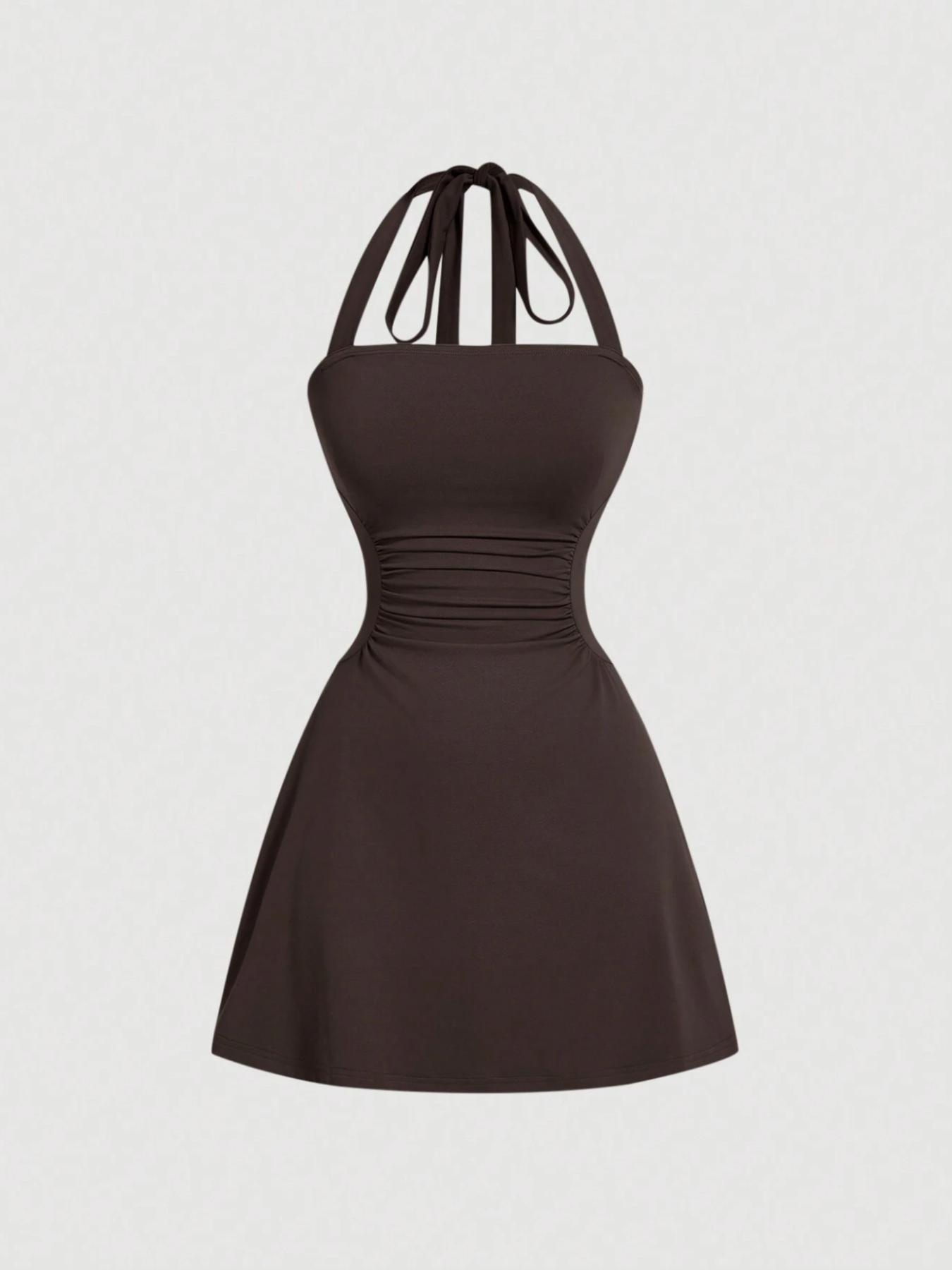 Women's Solid Fit Ruched Tie Back Backless Halter Neck Dress, Casual Fashion Fitted Womenswear Sleeveless A Line Short Dress for Summer, Women's Dress for Beach Holiday