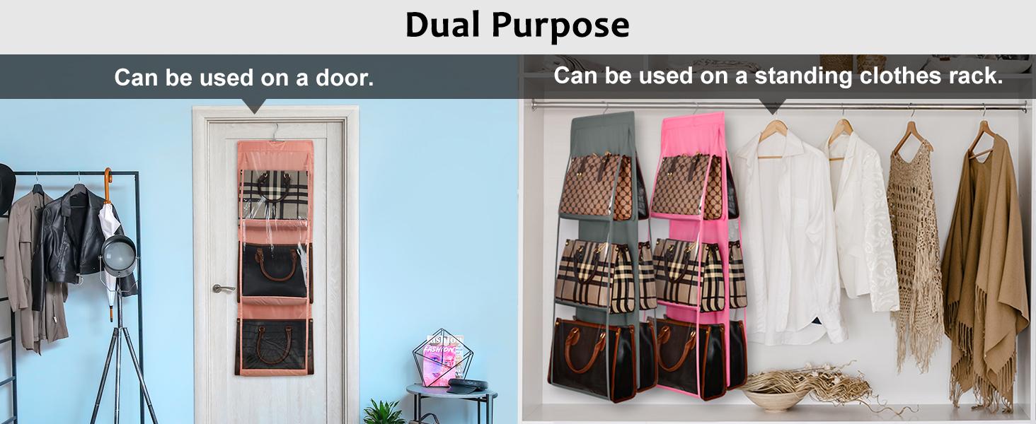 Medium and Large Handbag Hanging Purse Organizer for Closet, Handbag Storage Organizer Hanger Oxford Cloth Closet Organizer for Family Closet Bedroom, Foldable and Universal Fit, Grey