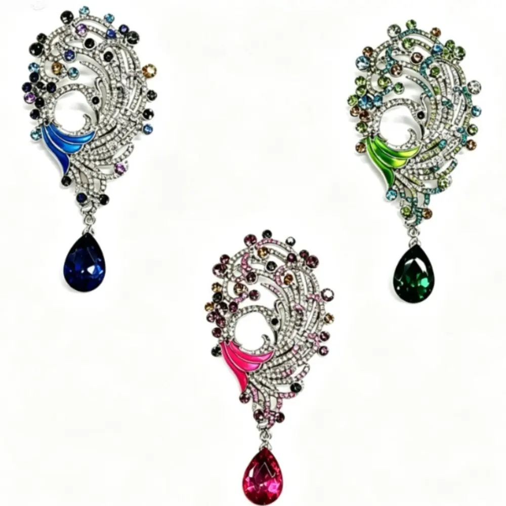 3 Styles Phoenix Brooch Colorful Crystal Enamel Teardrop Pendant Bird Unisex Coat Lapel Pin Set
