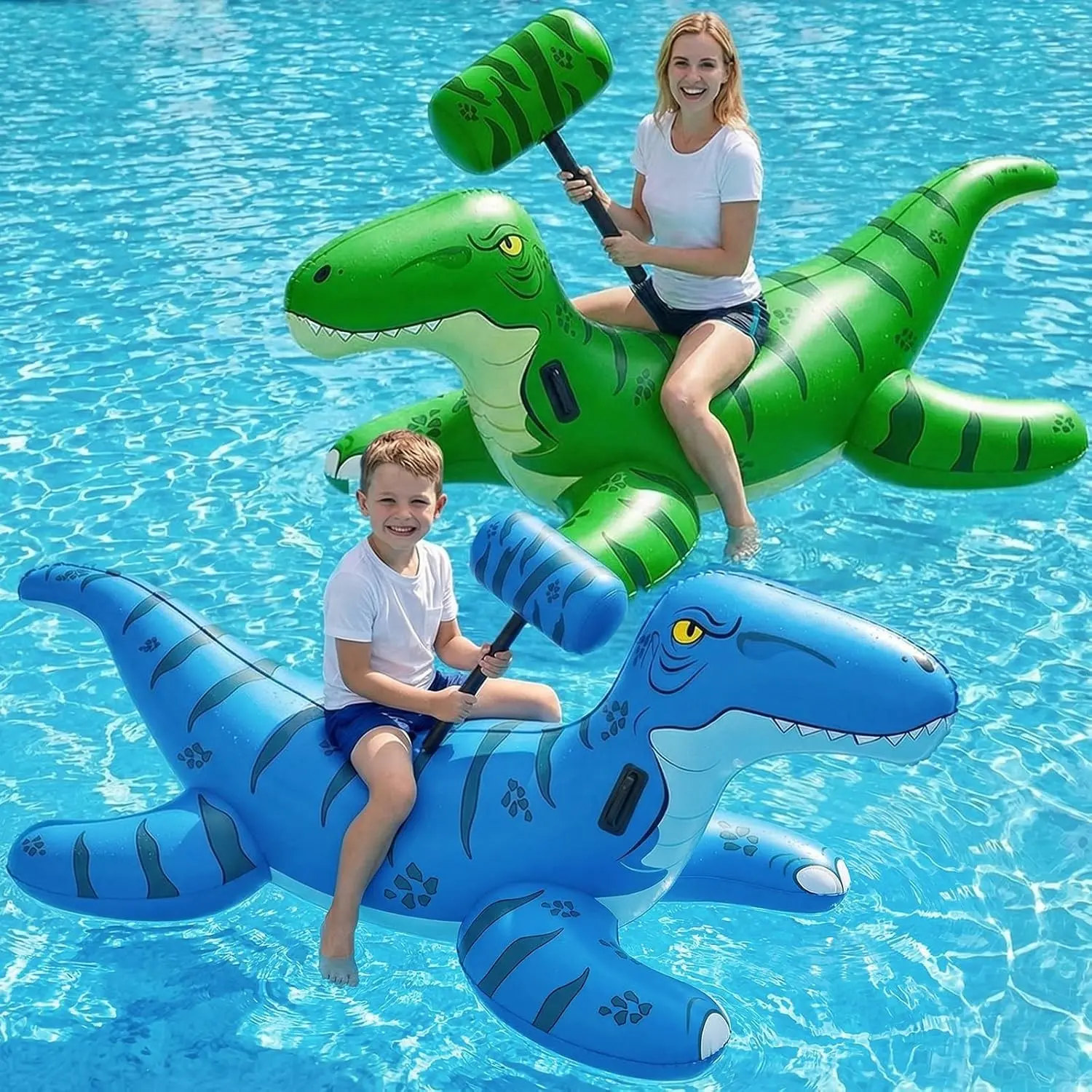 2-Pack Inflatable Dinosaur Pool Floats with Blow-Up Toy Hammers - Ride-On Pool Floaties Lounge Raft for Kids, Teens & Adults, Summer Lake Beach Party Decorations(Gift)