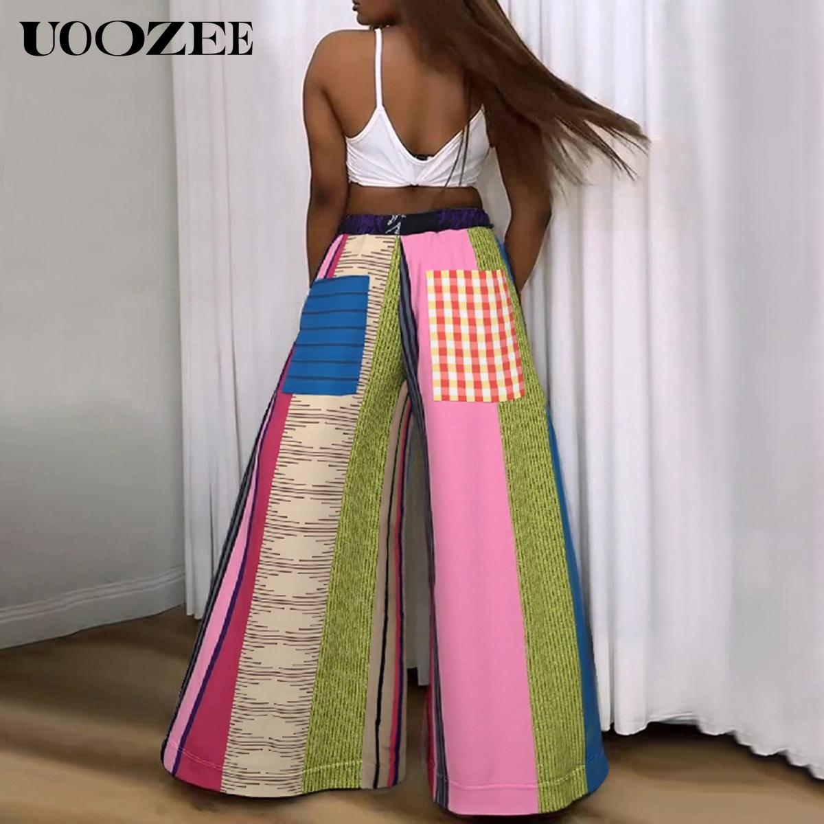 UOOZEE Women's 2026 New Spring Autumn Striped Printed Pockets Wide Leg Pants New Fashion Contrast Color Drawstring High Waisted Loose Streetwear Trousers (Smaller Waist  Fit - Check Size Guide or Order One Size Larger) Boho Casual Bottoms Colorful