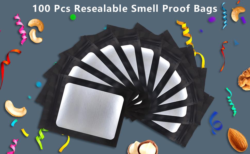 100 Pack Resealable Mylar Bags 4 x 6 Inch Smell Proof Bags with Clear Window Foil Pouch Bag Flat Bag Matte Black