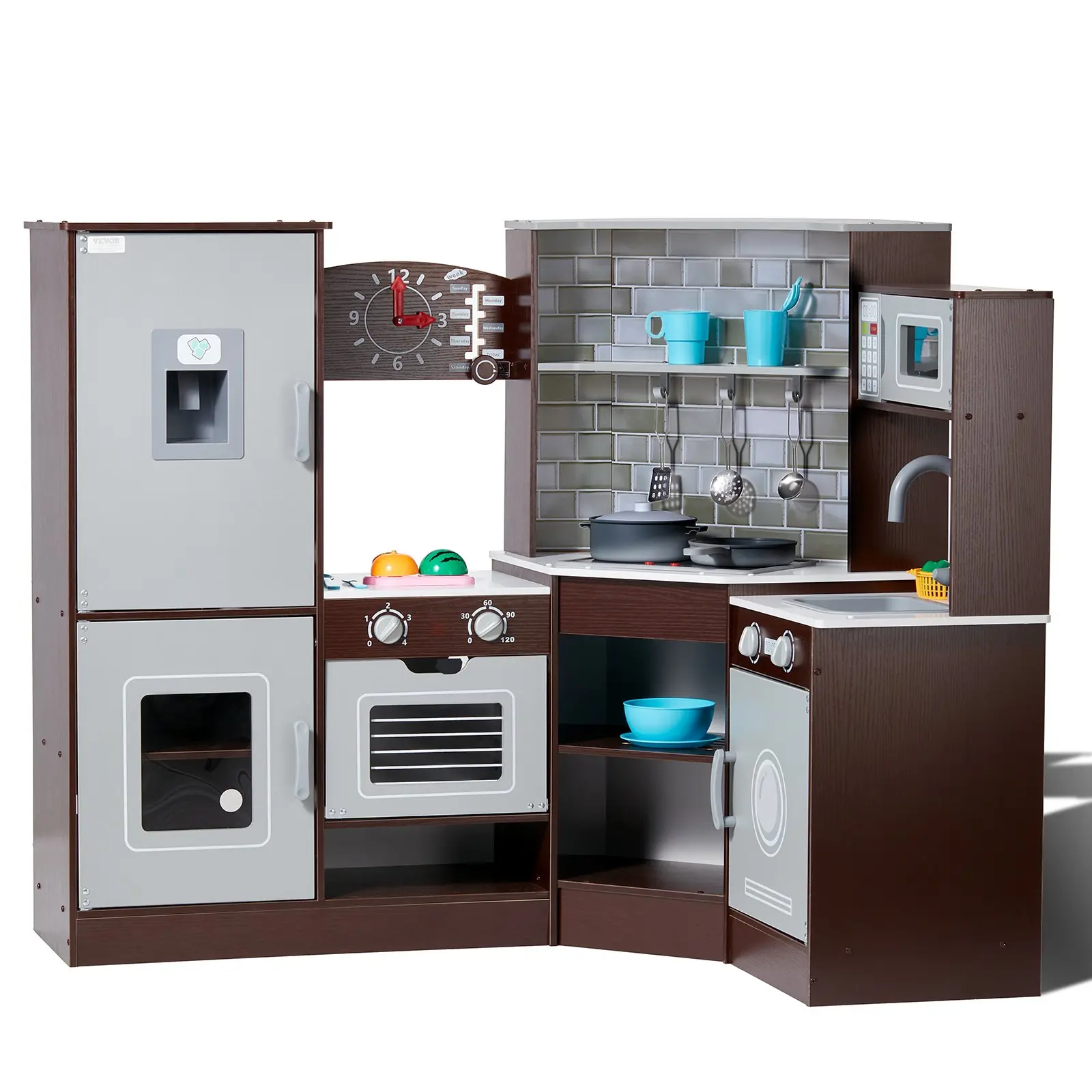 VEVOR Brown Corner Wooden Play Kitchen Toy Set with Lights, Sounds, Ice Maker, Oven, Sink, Clock, Microwave, Refrigerator & Accessories for Toddlers